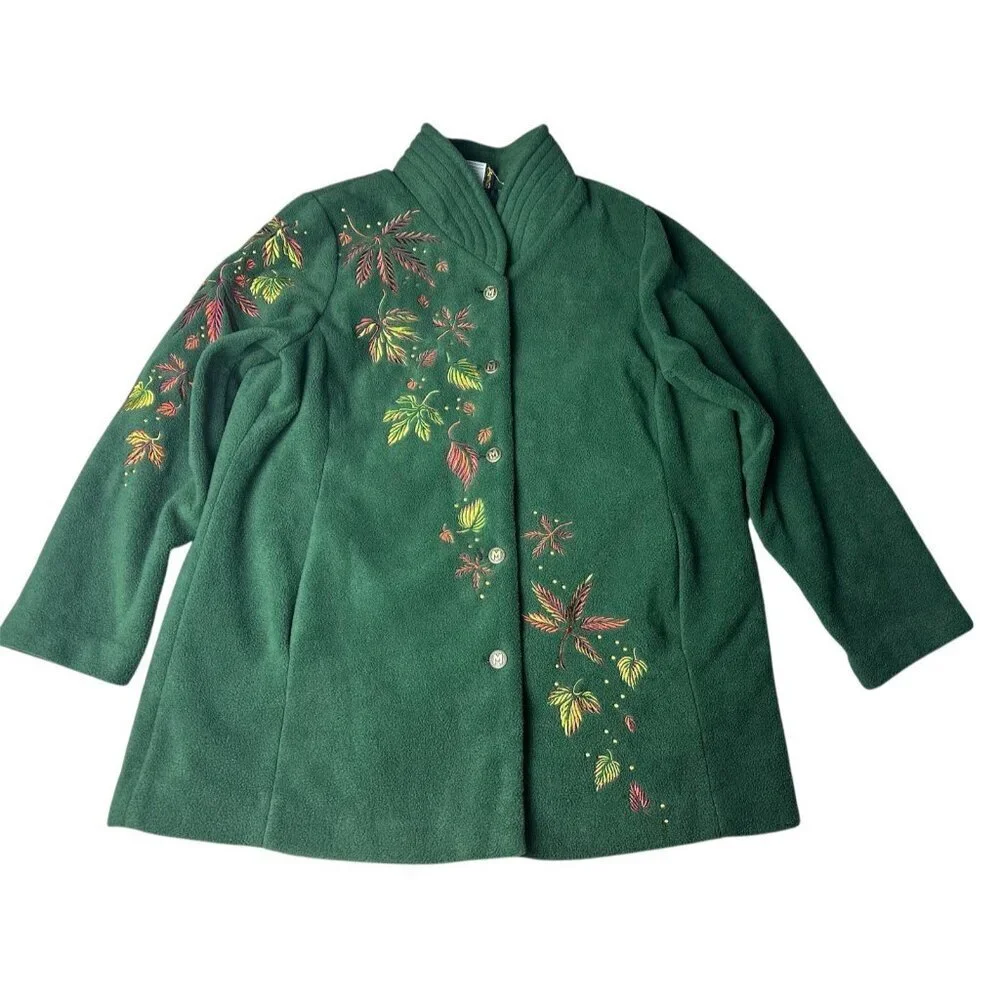 Bob Mackie Embroidered Fleece Jacket Green Button Front Fall Leaves Women’s XL